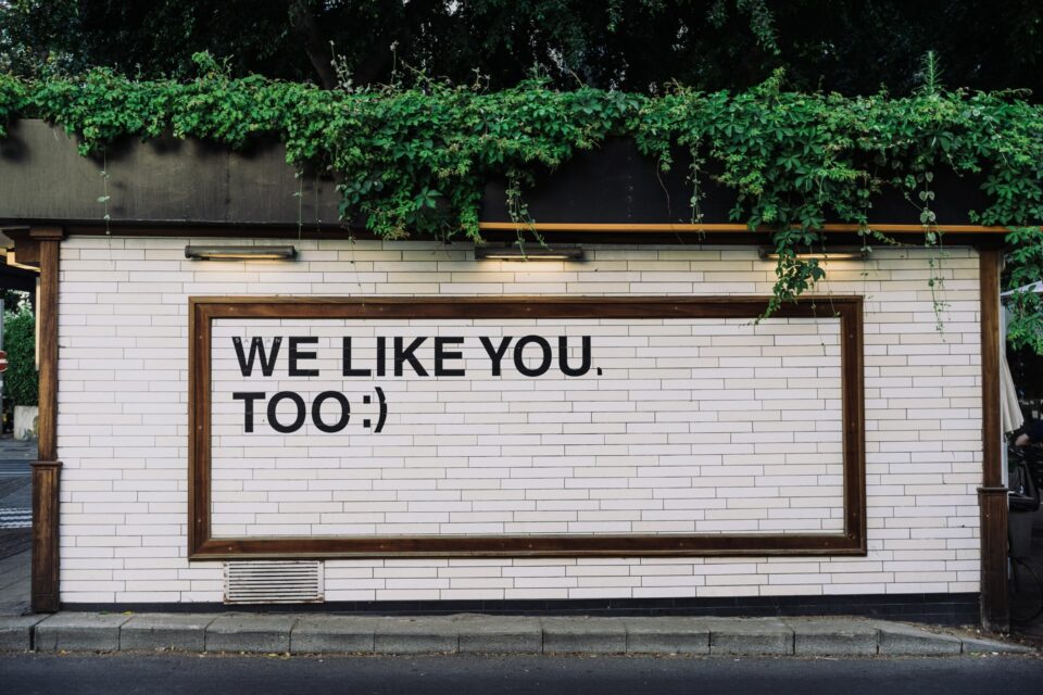 muro di mattoni bianchi con una cornice in legno contenete la scritta "we like you too :)"